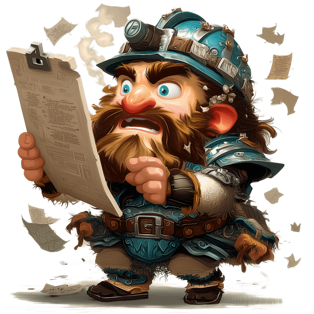 Grimble, the dwarven scribe wearing a construction helmet, looking at a drawing pad